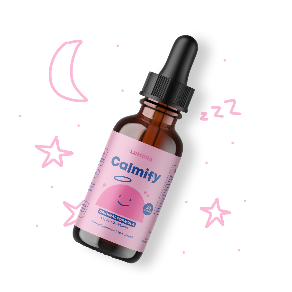 Bottle of 'Calmify' with a pink label on a white background with star and moon illustrations.